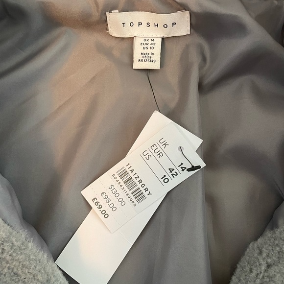 TOPSHOP | NWT!! Hooded Grey Long Sleeve Teddy Jacket, Size US 10 - Picture 6 of 9
